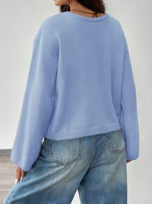 SHEIN EZwear 女士纯色圆领落肩长袖系带休闲毛衣秋冬系带上衣 - 藍色 - 查看 3