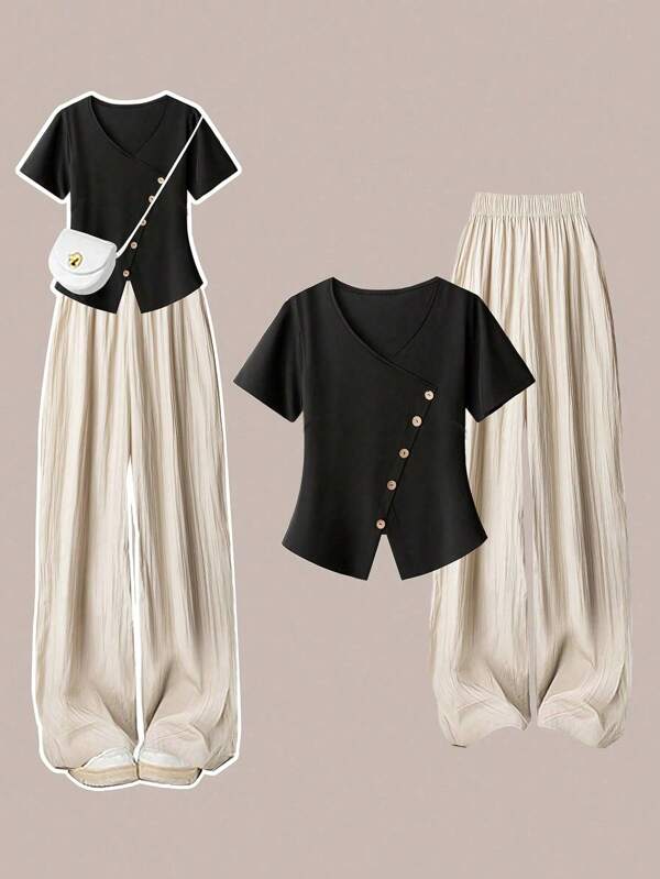 SHEIN LUNE 2pcs Plus Size Women Set: Solid Color Asymmetric Hem Short Sleeve Top And Pants