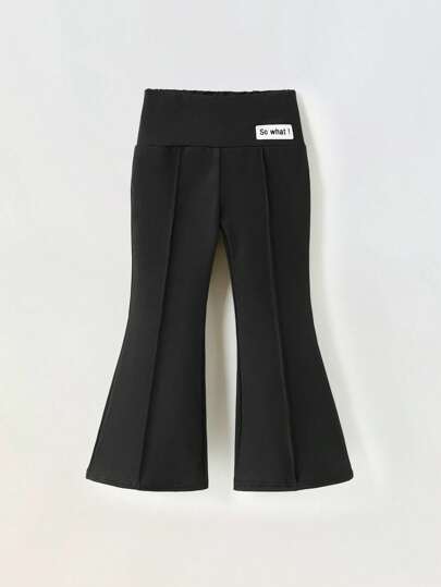 Maija Kids Maija Kids 年轻女孩的纯黑色喇叭裤、紧身裤、返校秋季服装、时尚年轻女孩休闲装、女孩打底裤、百搭简约设计，带有标签装饰