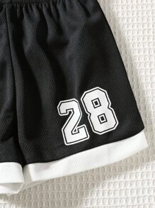 男婴休闲数字印花背心短裤套装 男婴篮球服套装 篮球球衣套装 2T 男童套装 男婴服装 男婴篮球服 - 黑與白 - 查看 6