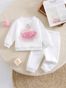 Bộ 2 áo nỉ dài tay họa tiết hoạt hình dễ thương cho bé gái và quần cạp chun, lót giữ nhiệt, mùa thu/đông - trắng - Xem 1