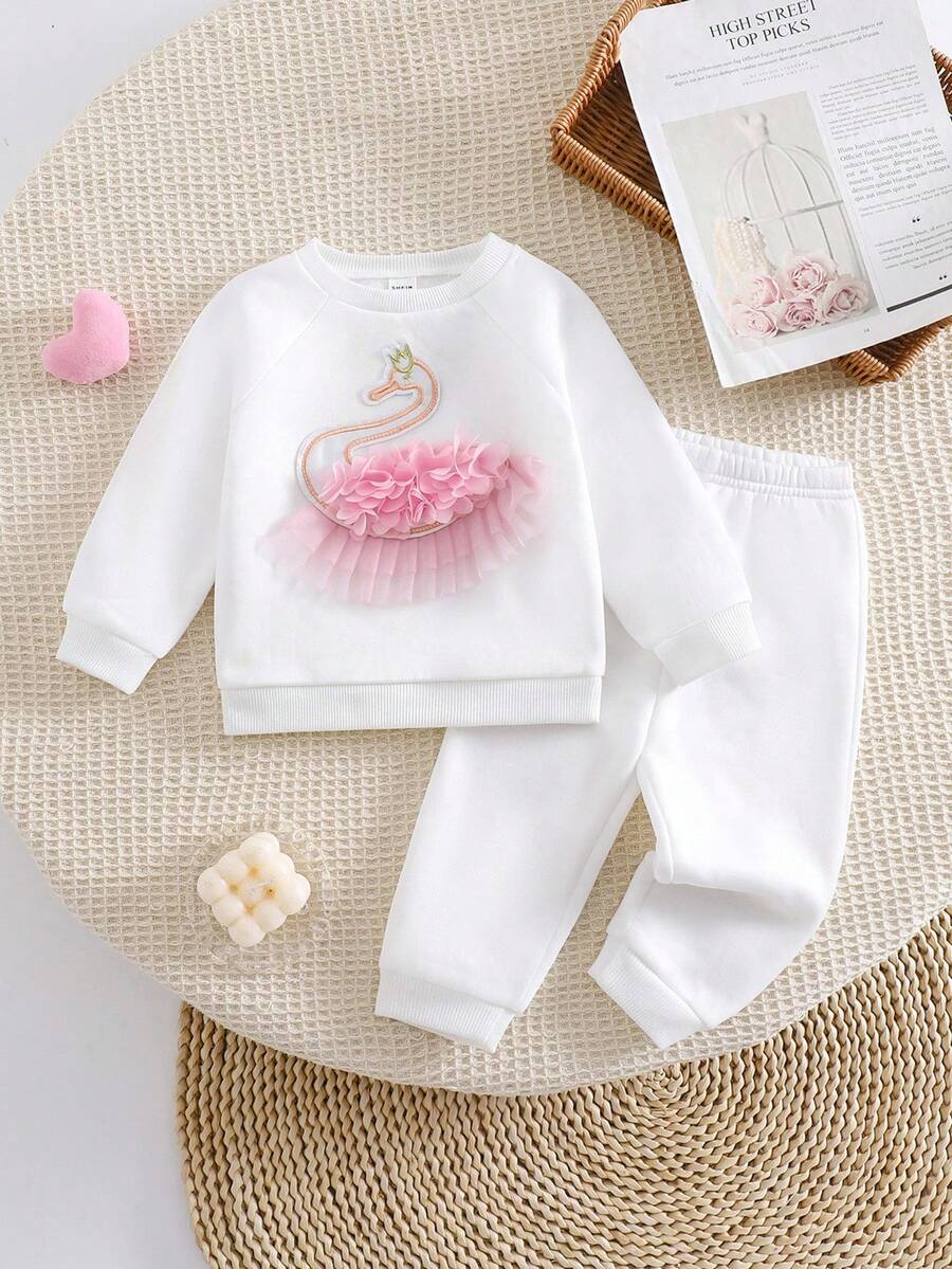 Bộ 2 áo nỉ dài tay họa tiết hoạt hình dễ thương cho bé gái và quần cạp chun, lót giữ nhiệt, mùa thu/đông - trắng - Xem 1