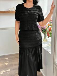 Modelyn Damen Strickoberteil & Rock Set in Große Größen mit Knopfabschluss und Patchwork, elegantes 2-teiliges Set