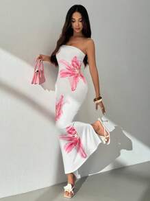 SHEIN PETITE Women's Elegant Floral Print Strapless Dress, Summer