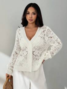 SHEIN PETITE 女士花卉镂空长袖单排扣宽松开衫