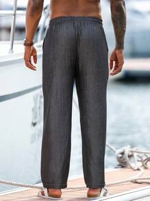 Manfinity Homme 男士牛仔效果抽绳腰口袋宽松休闲裤男抽绳裤男宽松裤男夏季度假沙滩裤 - 黑色 - 查看 2