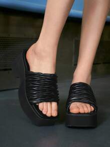 Sugerpunk Giày cao gót đế xuồng đế dày mũi vuông màu đen cho nữ, hàng mới 2025, giày cao gót đế dày chống thấm nước, quai cài mắt cá chân, giày cao gót La Mã - màu đen - Xem 2