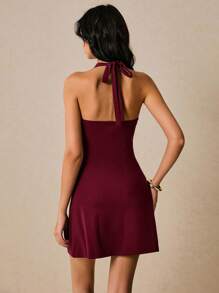 Poéselle 女式酒红色无袖U领时尚金属扣装饰迷你连衣裙 - 酒紅色 - 查看 7