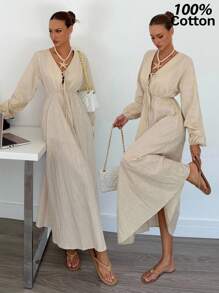 Siren Gaze Váy dài chữ A lưng thun cotton nguyên chất mới dành cho nữ - Màu be - Xem 1