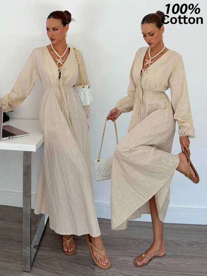 Siren Gaze Autumn Pure Cotton Waist A-Line Long Dress For Women, Comfortable Bamboo Cotton Long Sleeve Dress, Back To School Season Dress, Dresses For Women Elegant,Modest Dresses For Women Winter Party Casual