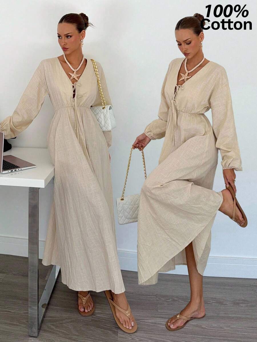 Siren Gaze Váy dài chữ A lưng thun cotton nguyên chất mới dành cho nữ - Màu be - Xem 1