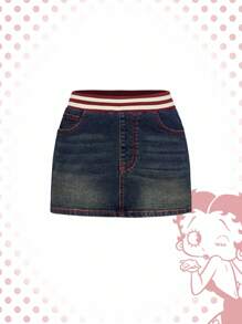 Betty Boop | ROMWE Y2K 机车骑士时尚卡通人物刺绣甜美酷炫豹纹罗纹腰带牛仔迷你裙 - 藍色 - 查看 2