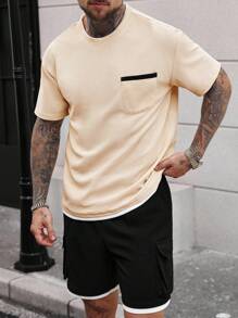 Manfinity Homme Men's Pocket Round Neck Short Sleeve Casual T-Shirt And Drawstring Waist Shorts Set,2pcs Men's Embellished Short Sleeve T-Shirt And Shorts, Men's Solid Color T-Shirt & Shorts Set, Casual Minimalist Everyday Wear White Outfits For Men Men White Outfit Men 2 Pieces Outfit Men Two Pieces Casual,Summer Outfit For Men