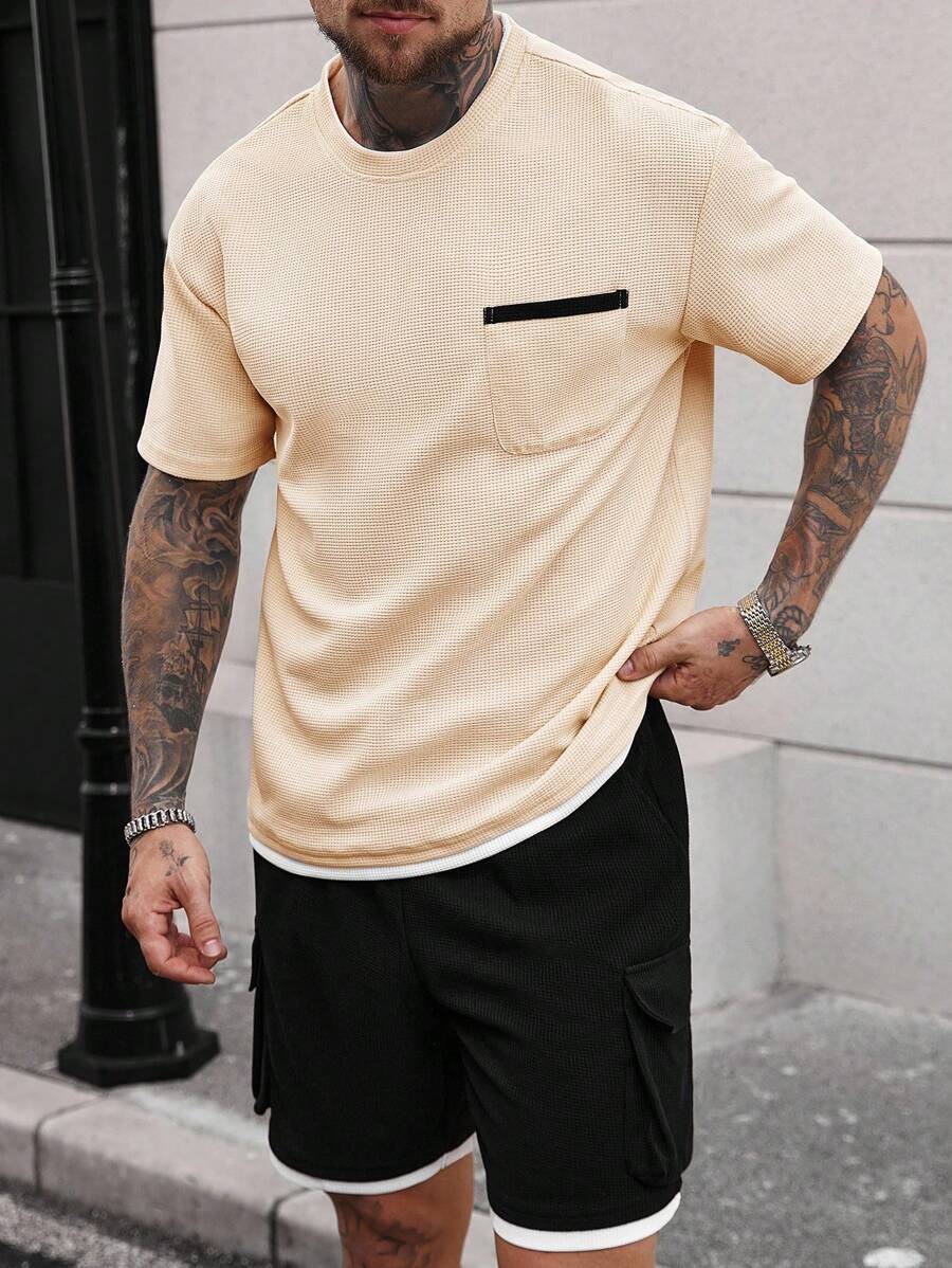 Manfinity Homme Men's Pocket Round Neck Short Sleeve Casual T-Shirt And Drawstring Waist Shorts Set,2pcs Men's Embellished Short Sleeve T-Shirt And Shorts, Men's Solid Color T-Shirt & Shorts Set, Casual Minimalist Everyday Wear White Outfits For Men Men White Outfit Men 2 Pieces Outfit Men Two Pieces Casual,Summer Outfit For Men