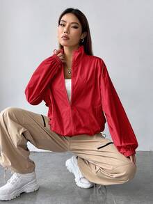 SHEIN EZwear 女士编织纯色简约休闲长袖夹克红色夹克外套 Y2k 秋冬拉链夹克 - 紅色 - 查看 6
