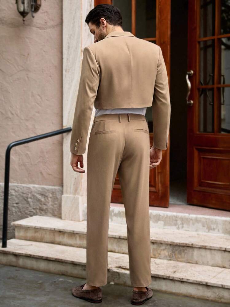 Manfinity VCAY 2pcs/Set Men's Khaki Suit,Summer Elegant Wedding British Style Solid Color Blazer And Pants,Personalized Brown Tan Outfit Beige Suit For Men - Coffee Brown - View 2
