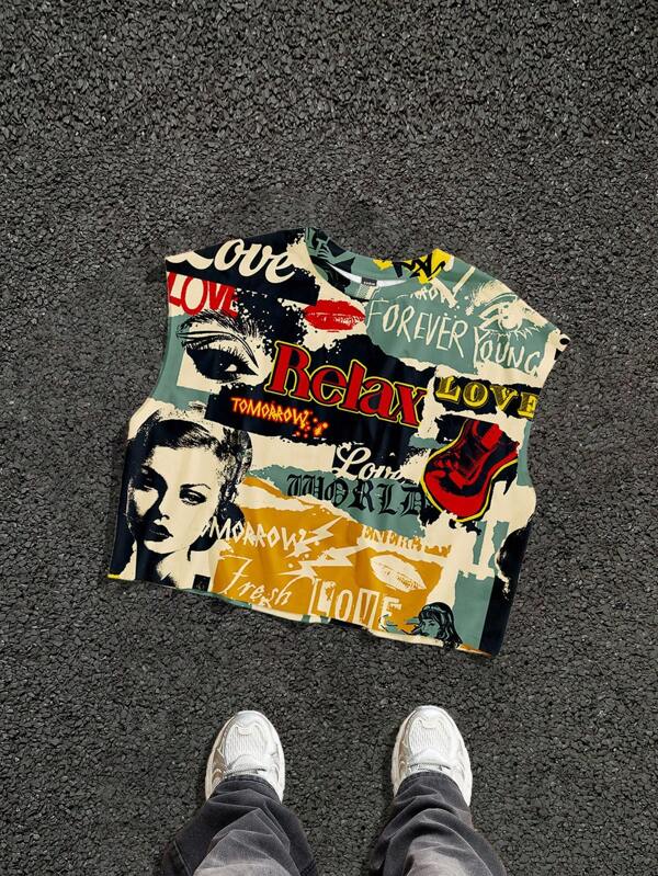 Manfinity ZONE917 Camiseta de tirantes corta con estampado de póster de retrato de moda para hombre, adecuada para el verano, a juego con la pareja