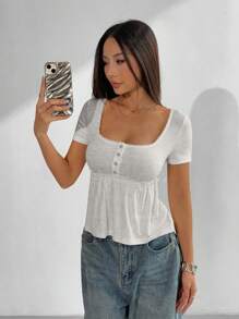 SHEIN EZwear 女士U领T恤，纯色短袖，方领，简约时尚，适合夏季