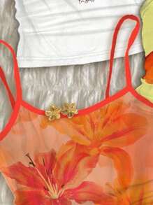 SHEIN Ensemble de 3 pièces pour préado filles et hauts de style décontracté en maille avec imprimé floral tropical de cerise, d'orange et d'hibiscus. Collection de vêtements cool pour les sorties en famille, la saison des vacances, le mode plage, les accessoires de vacances, maillots de bain pour enfants