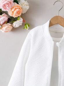 SHEIN 年轻女孩休闲街头风格简约纯色纹理面料拉链棒球夹克，秋季 - 白色 - 查看 5