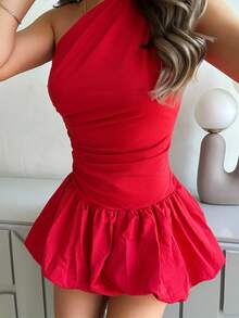 Jemour فستان قصير بدون أكمام بلون سادة مع كشكشة على الحافة، طراز موضة - الأحمر - مشاهدة 3