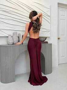 Jemour Women's Elegant Party Long Sleeve Sexy High Neck Backless Dress With Metal Buckle Decor, Available In Burgundy And Brick Red, Made Of Stretchy Knit Fabric, Suitable For Cocktail Party, Romantic Date, Autumn/Winter Casual Wear, Wedding, Bridesmaid, Formal Party, Halloween, Christmas, Dress, Dresses For Women,Summer Dresses For Women,Tea Party Dress - Burgundy - View 2
