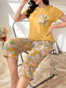 Casual Women's Round Neck Pajama Set With Pocket And Printed Knitted Fabric Capris Yellow Pajama Set Women Pajama Set Summer Pajama Set Yellow Pajamas For Women Women Sleepwear Set - Multicolor - View 4