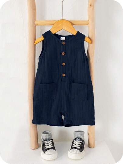 SHEIN 新生男婴可爱海军蓝无袖连体衣，适合暑假、生日派对、婚礼、迎婴派对