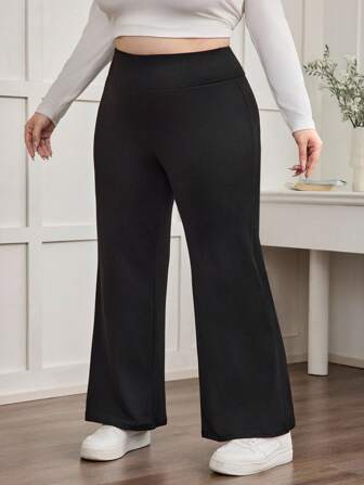 Enliva Plus Size High Waisted Flared Elastic Casual Pants,Back To School,Knitted Fabric,Fall Clothes For Womenfall Clothes For Women,Winter,CURVE PLUS
