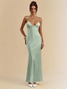 SHEIN BAE 杏色和白色深V领细肩带超长露背系带缎面美人鱼连衣裙，优雅连衣裙，度假连衣裙，伴娘连衣裙，生日派对连衣裙，毕业礼服，白色连衣裙 - 薄荷綠 - 查看 5