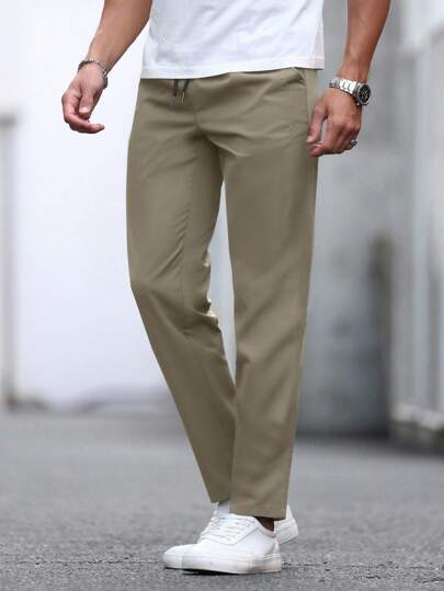 Manfinity Basics Men's Solid Color Drawstring Waist Pockets Wide Leg Loose Casual Pants, Versatile