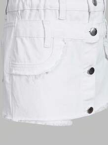 青少年女孩时尚双腰带纽扣设计白色牛仔短裤 - 白色 - 查看 8