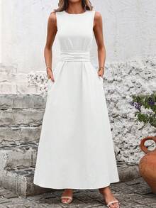 SHEIN Clasi Overlapping Pleated Cinched Waist Solid Color Sleeveless Dress For Women