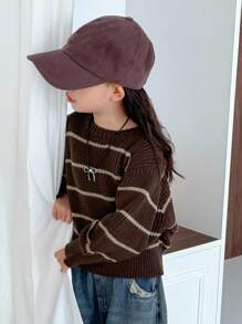 Dazy Kids 女童圆领条纹撞色毛衣，秋季服装 - 咖啡棕 - 查看 4