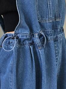 FRIFUL Quần yếm denim ống rộng, dáng rộng, có túi hai bên, có dây rút ở eo dành cho nữ - Màu xanh lam - Xem 2