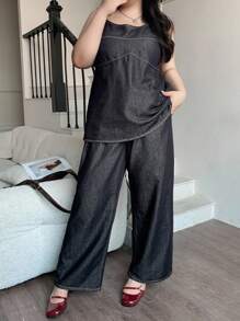 Dazy Plus 深洗蓝色宽松长款牛仔吊带背心上衣和阔腿牛仔裤两件套度假套装，夏季 - 深色水洗藍 - 查看 4