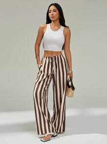 SHEIN PETITE Women's Striped Drawstring Waist Wide Leg Loose Casual Pants - Brown - View 4