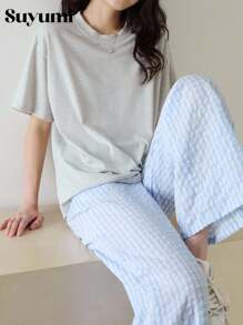 舒適寬鬆灰色T恤與泡泡格紋長褲居家套裝，適合嬌小青少年女孩 - 淺灰色 - 查看 1
