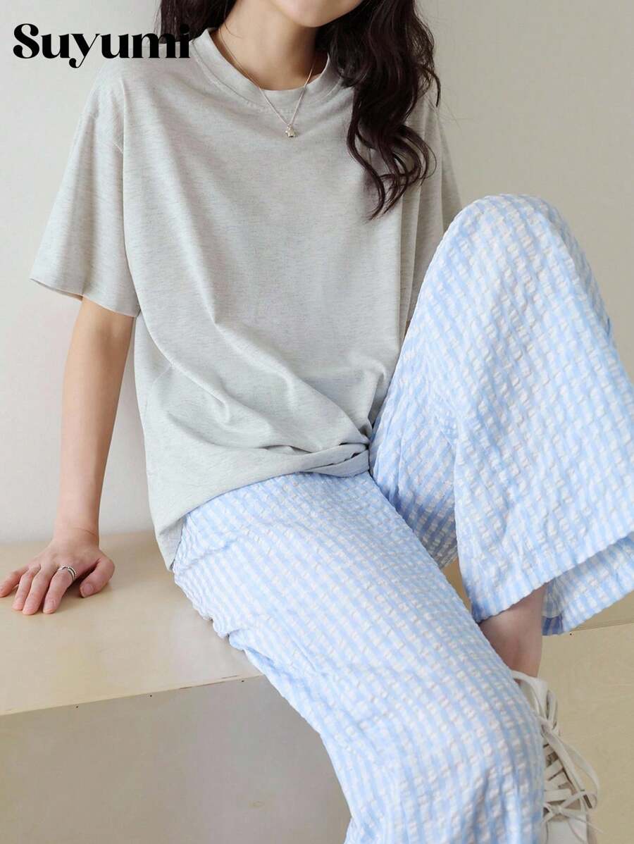 舒適寬鬆灰色T恤與泡泡格紋長褲居家套裝,適合嬌小青少年女孩 - 淺灰色 - 查看 1