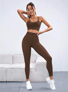 SHEIN Sports 无缝高弹力女士运动瑜伽套装 - 咖啡棕 - 查看 3