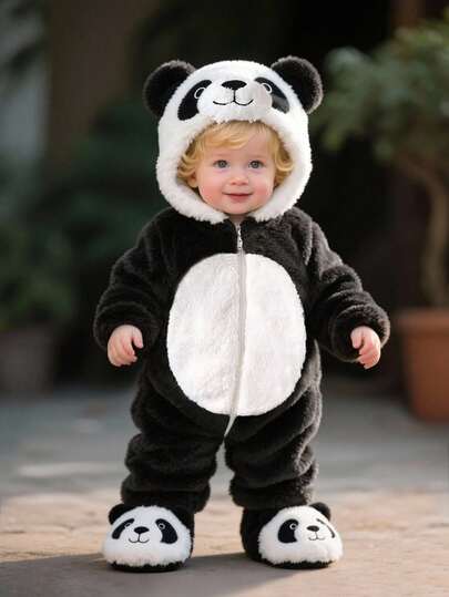 SHEIN Playful Pals Newborn Infant Panda Themed Outfit, Cute & Fun Plush Thick Fabric Long Sleeve Jumpsuit With Pants And 3D Embroidered Hat, Suitable For Parties, Gatherings, Birthday, Photo Shoots, Amusement Parks, Zoos, Outdoor Activities, Soft & Comfortable For Autumn/Winter, Fits Newborns