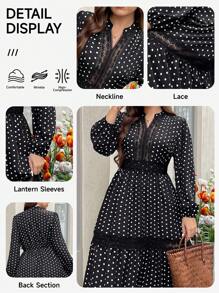 SHEIN LUNE 大码波尔卡圆点印花拼接蕾丝连衣裙、大码长裙、大码腰裙、小 V 领长袖连衣裙、镂空蕾丝、秋季服装、返校服装、老钱风格女性、女士办公室服装、外出服装、女士约会夜服装、女士机场服装、简约时尚假日服装、女士波西米亚风/波西米亚风连衣裙、度假连衣裙、假日优雅服装、日常通勤和户外必备、收腰长裙、优雅连衣裙老钱风格女士婚礼宾客连衣裙女士夜间外出连衣裙女士返校节连衣裙女士秋季服装优雅派对连衣裙女士派对连衣裙节日连衣裙，适合春秋季、度假和约会黑色波尔卡圆点连衣裙黑白波尔卡圆点连衣裙波尔卡圆点长裙黑色蕾丝连衣裙长袖波尔卡圆点连衣裙 - 黑與白 - 查看 7