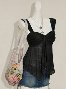 Sweetina Black Lace Sweetheart Tank Top With Wide Straps And Asymmetrical Ruched Hem