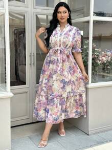 Modelyn Plus Size Elegant Floral Print Notched Neck Short Sleeve Dress - Multicolor - View 5