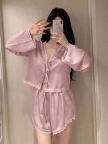 DAZY 浪漫蕾丝拼布缎面系带上衣和超短睡裤套装，女士秋季服装 - 淺粉色 - 查看 5