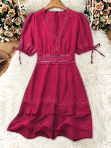 Breezaya 女式夏季纯色蕾丝V领泡泡袖休闲连衣裙