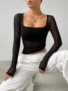 SHEIN EZwear Spring Black Square Neck Asymmetrical Hem Crop Mesh Date Night Top - Black - View 5