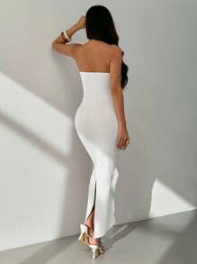 SHEIN PETITE Women's Elegant Floral Print Strapless Dress, Summer