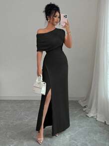 Elenzga Women's Elegant Fashion Commuter Casual Comfortable Charming Resort Gentle Lady Minimalist High-End Holiday Sleeveless Oblique Shoulder Gathered Waist Bodycon Side Slit Solid Color Maxi Dress