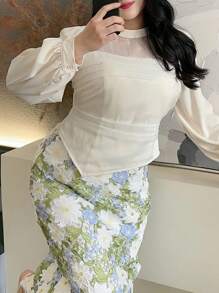 Dazy Plus Blusa de mujer talla grande con contraste de color, cuello alto de malla, manga farol, ropa de mujer de otoño, blusa de manga larga